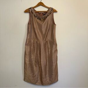 Adrianna Papell Taupe Cocktail Dress Size 14 Embellished Neckline Pleated Front